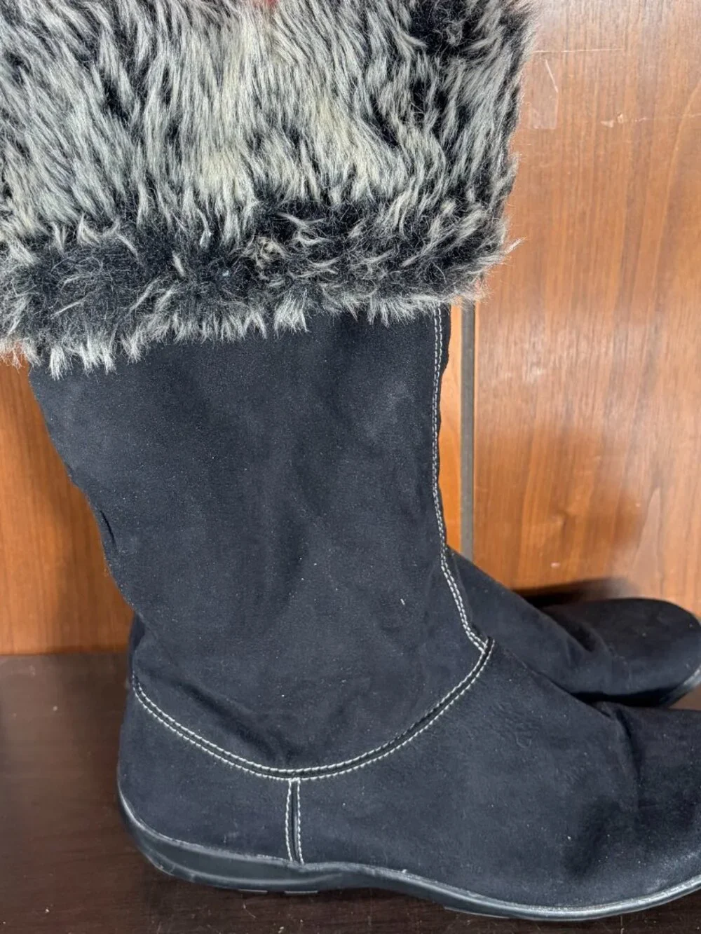Natural Soul Fabiano Boots Womens Sz 8 Black Suede w/ Faux Fur Liner Mid Calf